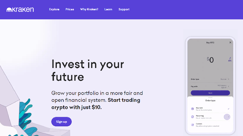 Криптовалютная биржа Kraken с низкой комиссией.
